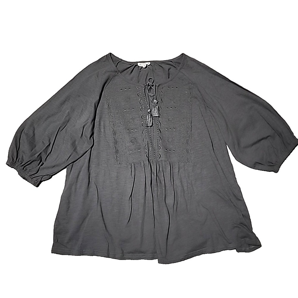 Jane & Delaney‎ Peasant Top 1X Gray Embroidered Balloon Sleeves Tassel Boho